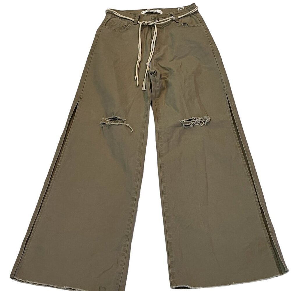 Miran Jeans Beige Tan Wide Split Leg‎ Boho Festival Pants Rope Belt Size Small